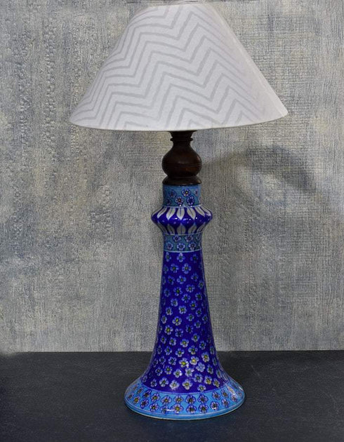 Jaipur Blue Pottery Handmade Lamp 12 Without Shade in Blue Base With White & Yellow Florals (Without Lampshade)